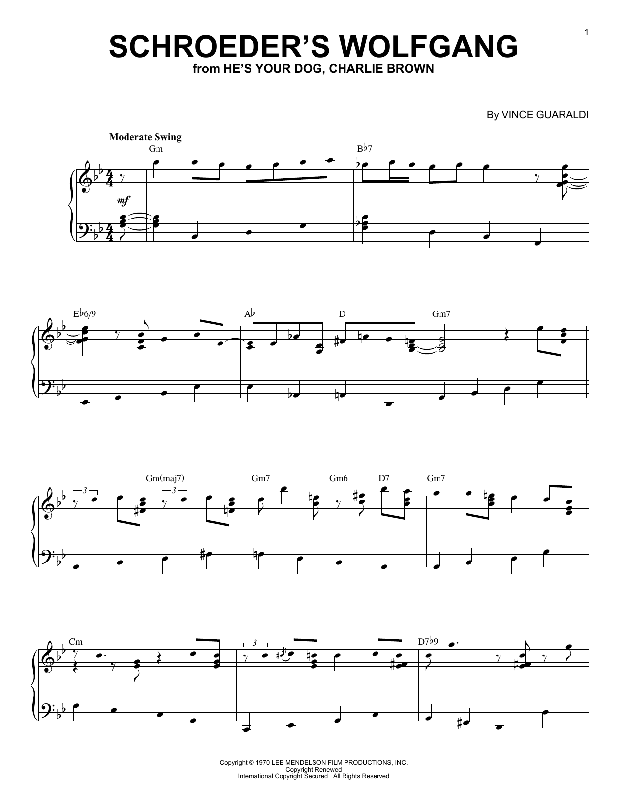 Vince Guaraldi Schroeder's Wolfgang sheet music notes and chords arranged for Piano Solo