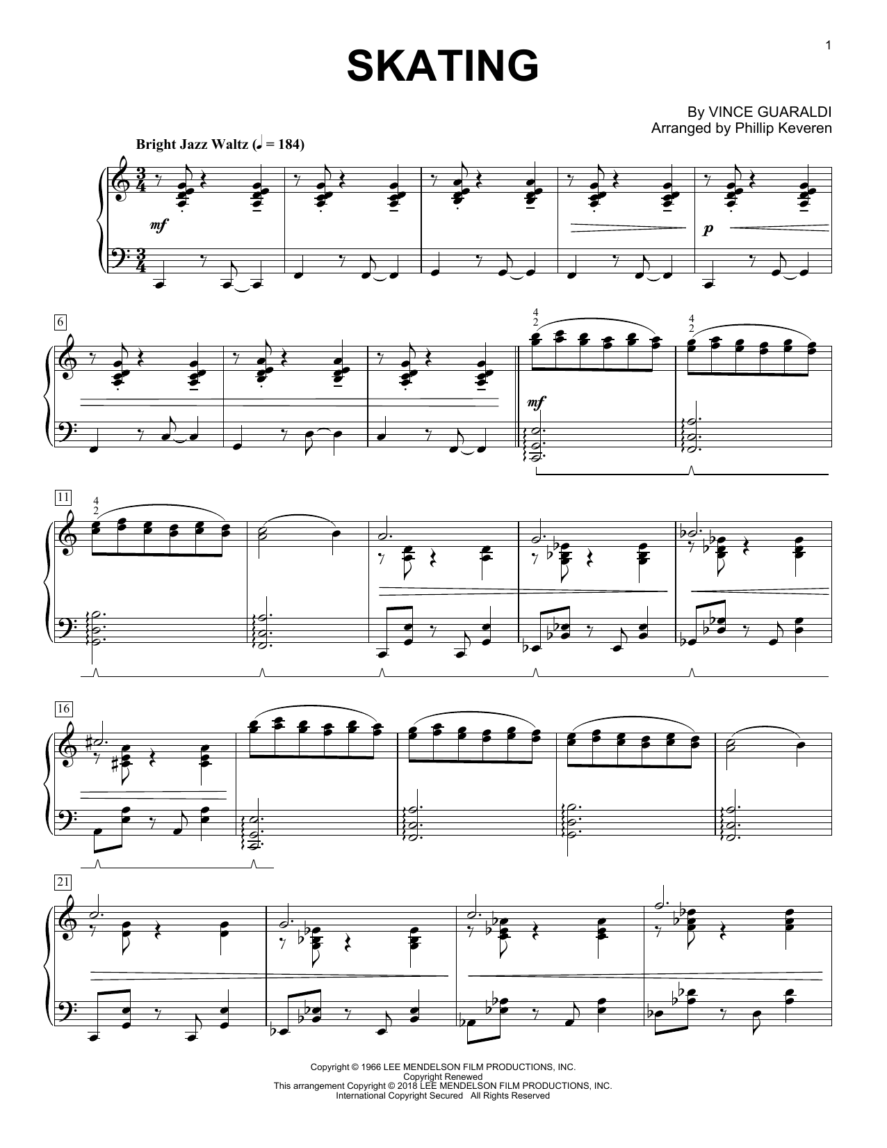 Vince Guaraldi Skating (from A Charlie Brown Christmas) (arr. Phillip Keveren) sheet music notes and chords arranged for Big Note Piano