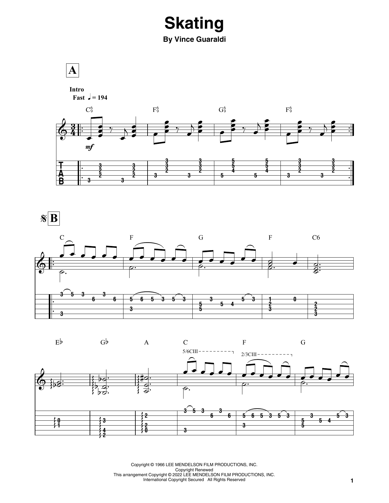 Vince Guaraldi Skating (from A Charlie Brown Christmas) sheet music notes and chords arranged for Solo Guitar