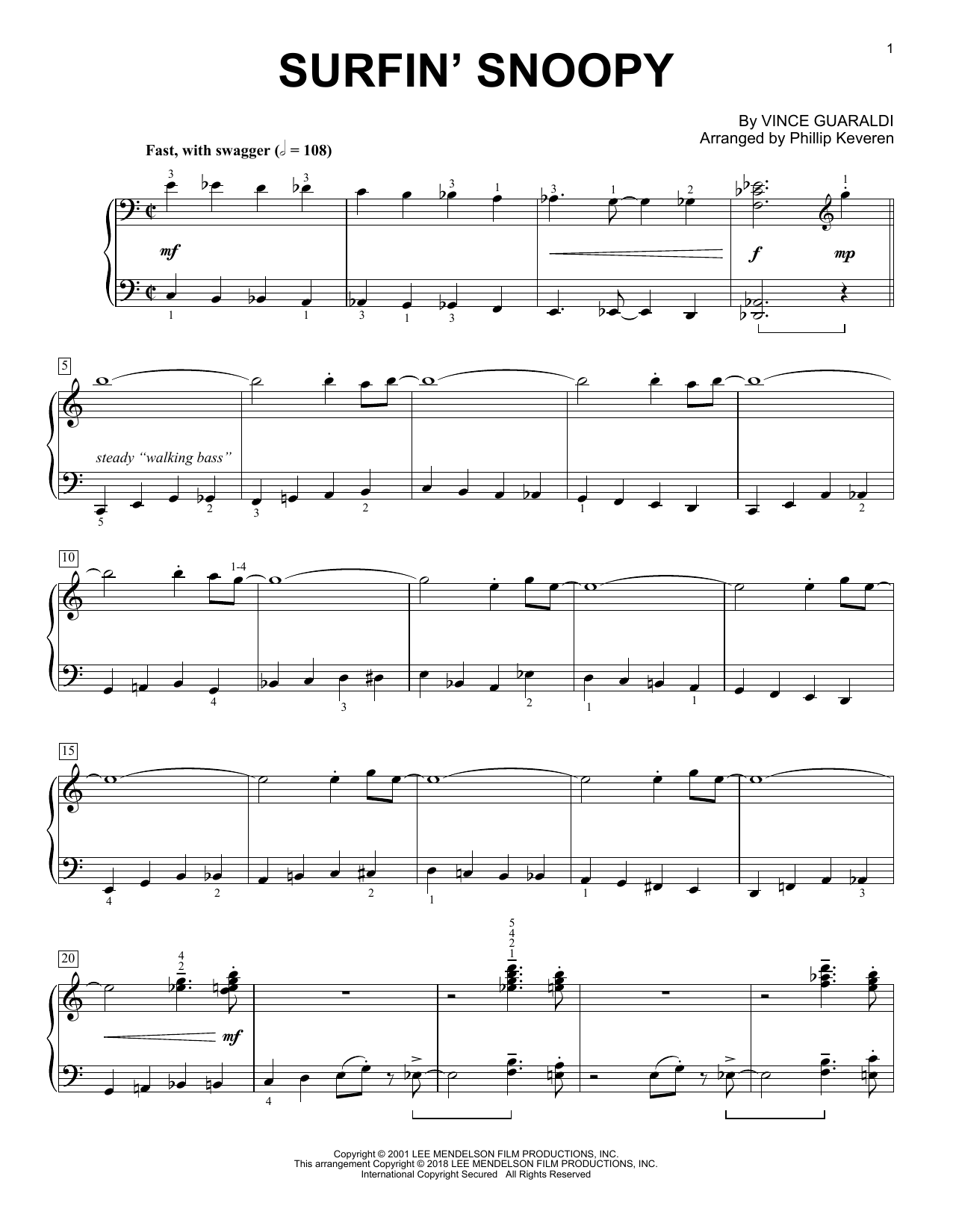 Vince Guaraldi Surfin' Snoopy (arr. Phillip Keveren) sheet music notes and chords arranged for Piano Solo