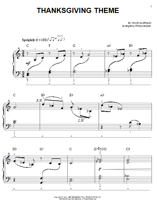 Vince Guaraldi Thanksgiving Theme (arr. Phillip Keveren) sheet music notes and chords arranged for Easy Piano