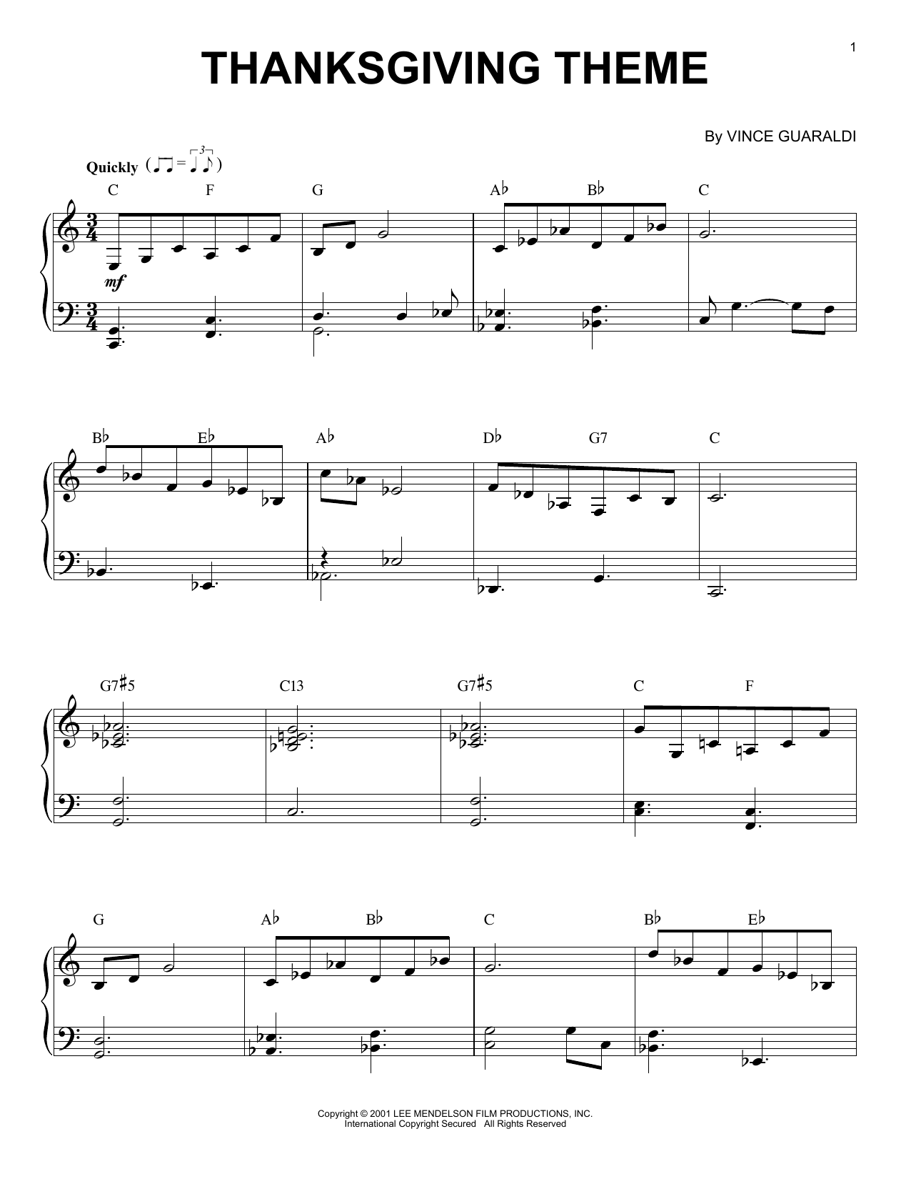Vince Guaraldi Thanksgiving Theme sheet music notes and chords arranged for Piano Transcription