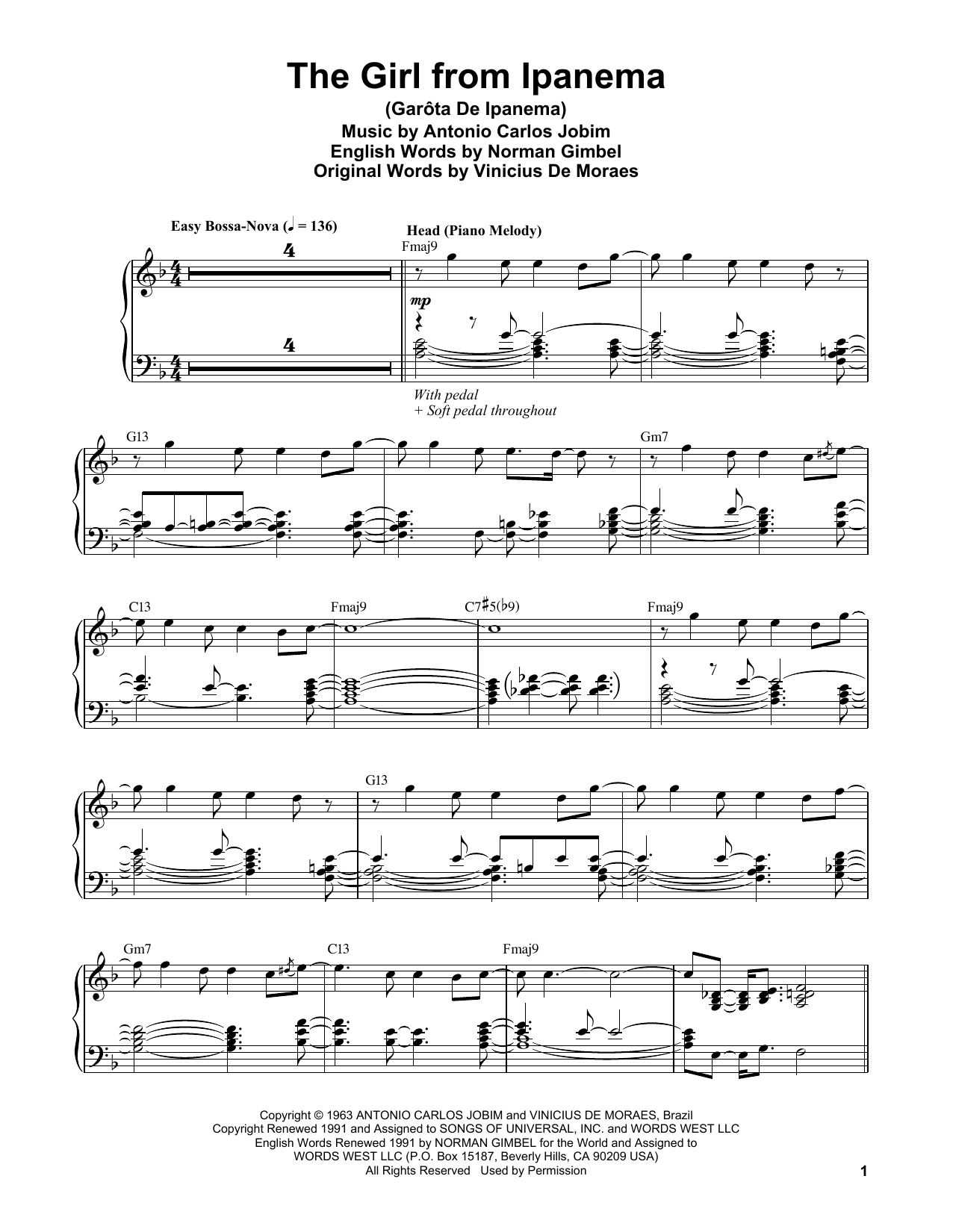 Vince Guaraldi The Girl From Ipanema (Garota De Ipanema) sheet music notes and chords arranged for Piano Transcription