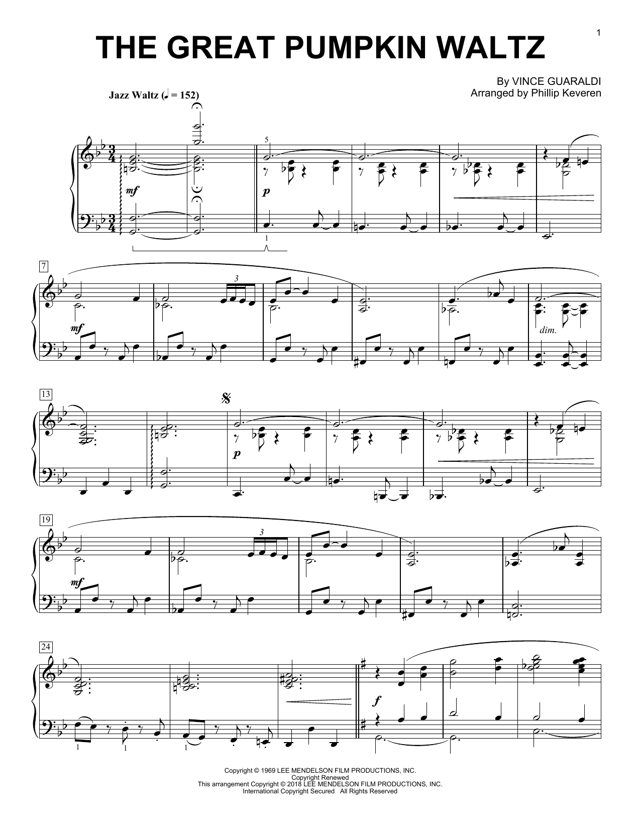 Vince Guaraldi The Great Pumpkin Waltz (arr. Phillip Keveren) sheet music notes and chords arranged for Piano Solo