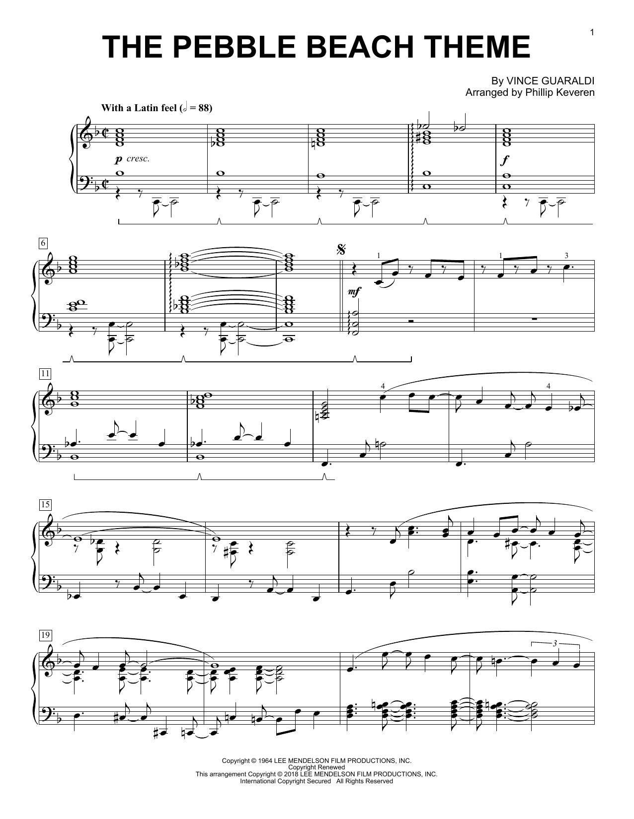 Vince Guaraldi The Pebble Beach Theme (arr. Phillip Keveren) sheet music notes and chords arranged for Piano Solo