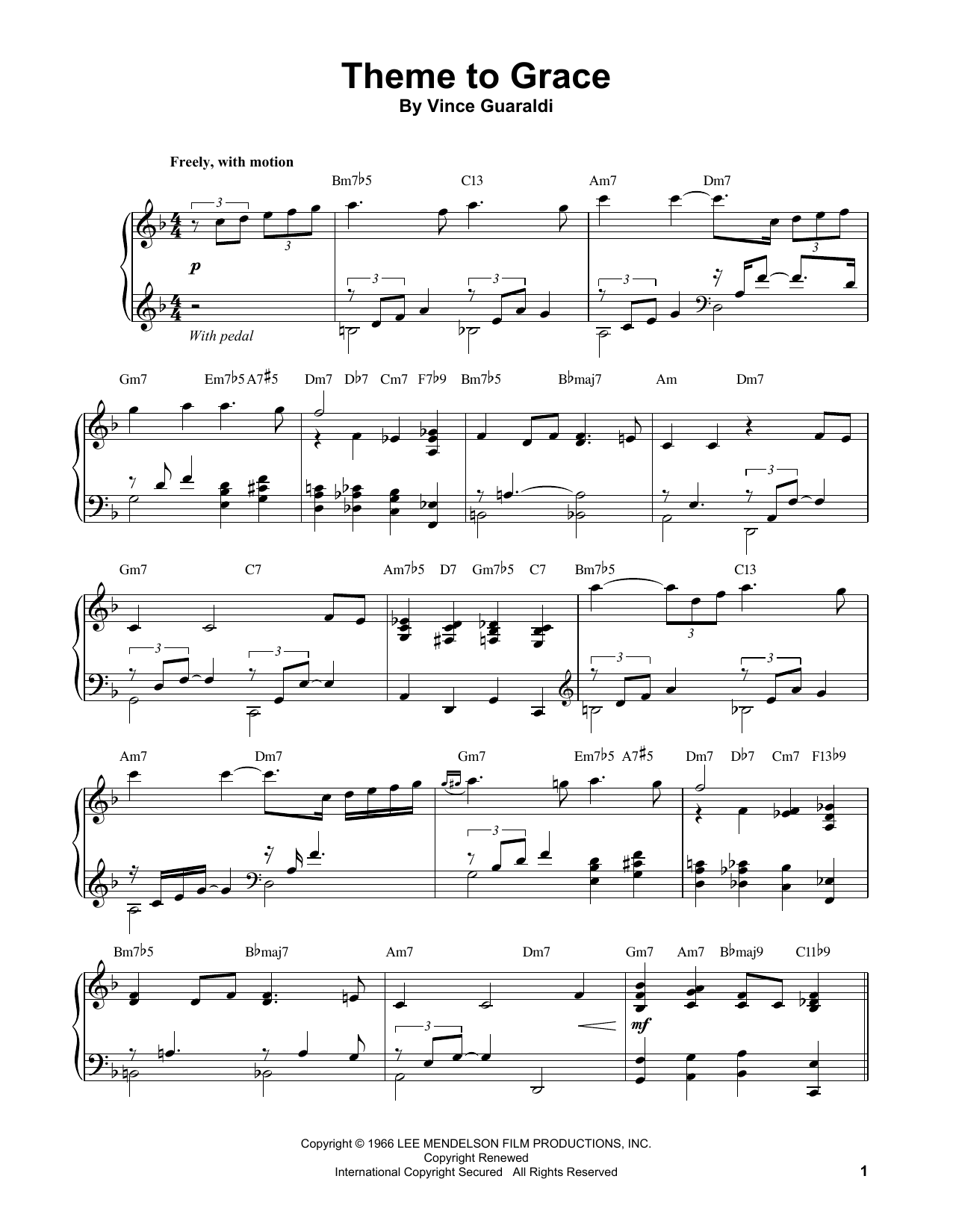 Vince Guaraldi Theme To Grace sheet music notes and chords arranged for Piano Transcription