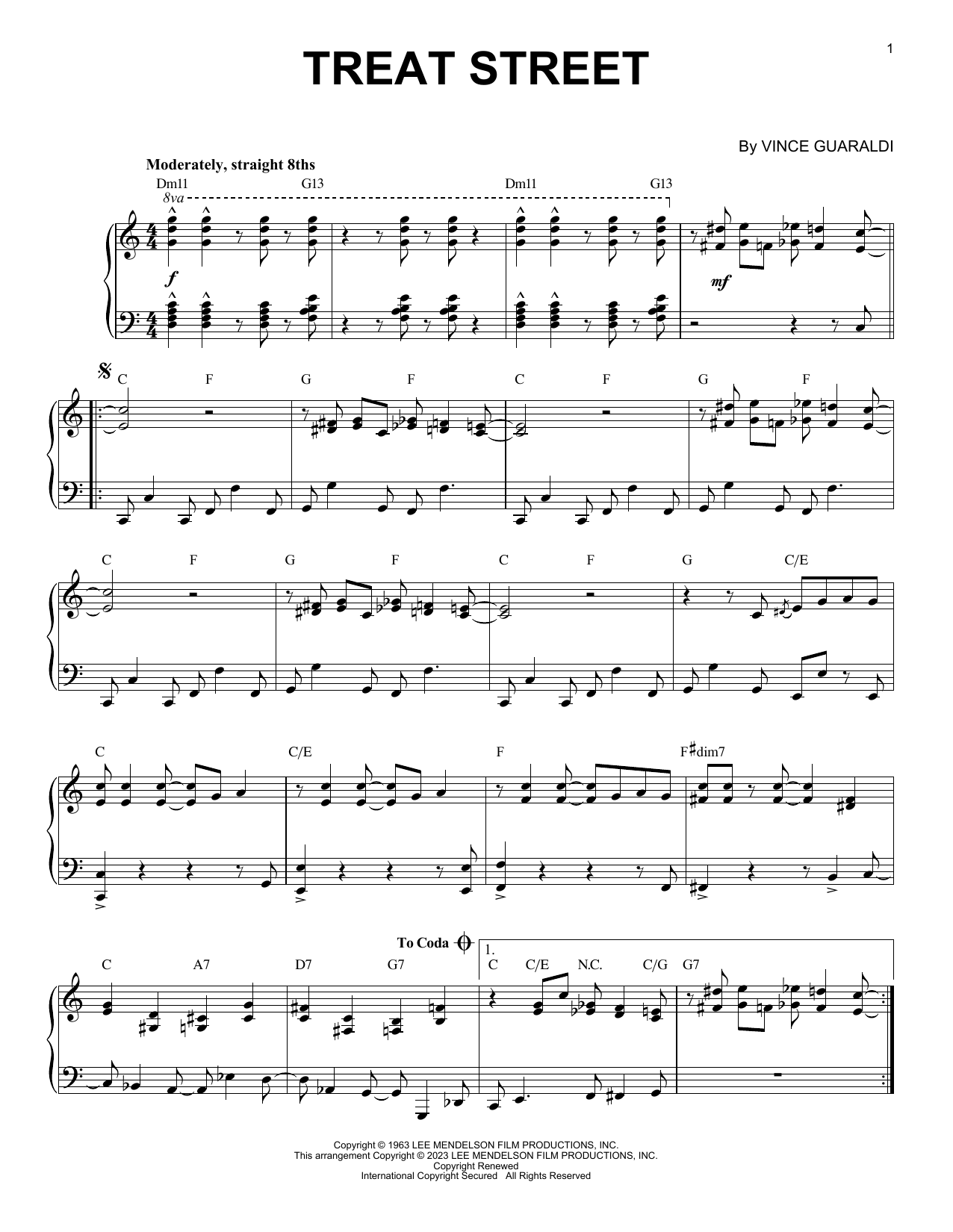 Vince Guaraldi Treat Street [Jazz version] (arr. Brent Edstrom) sheet music notes and chords arranged for Piano Solo