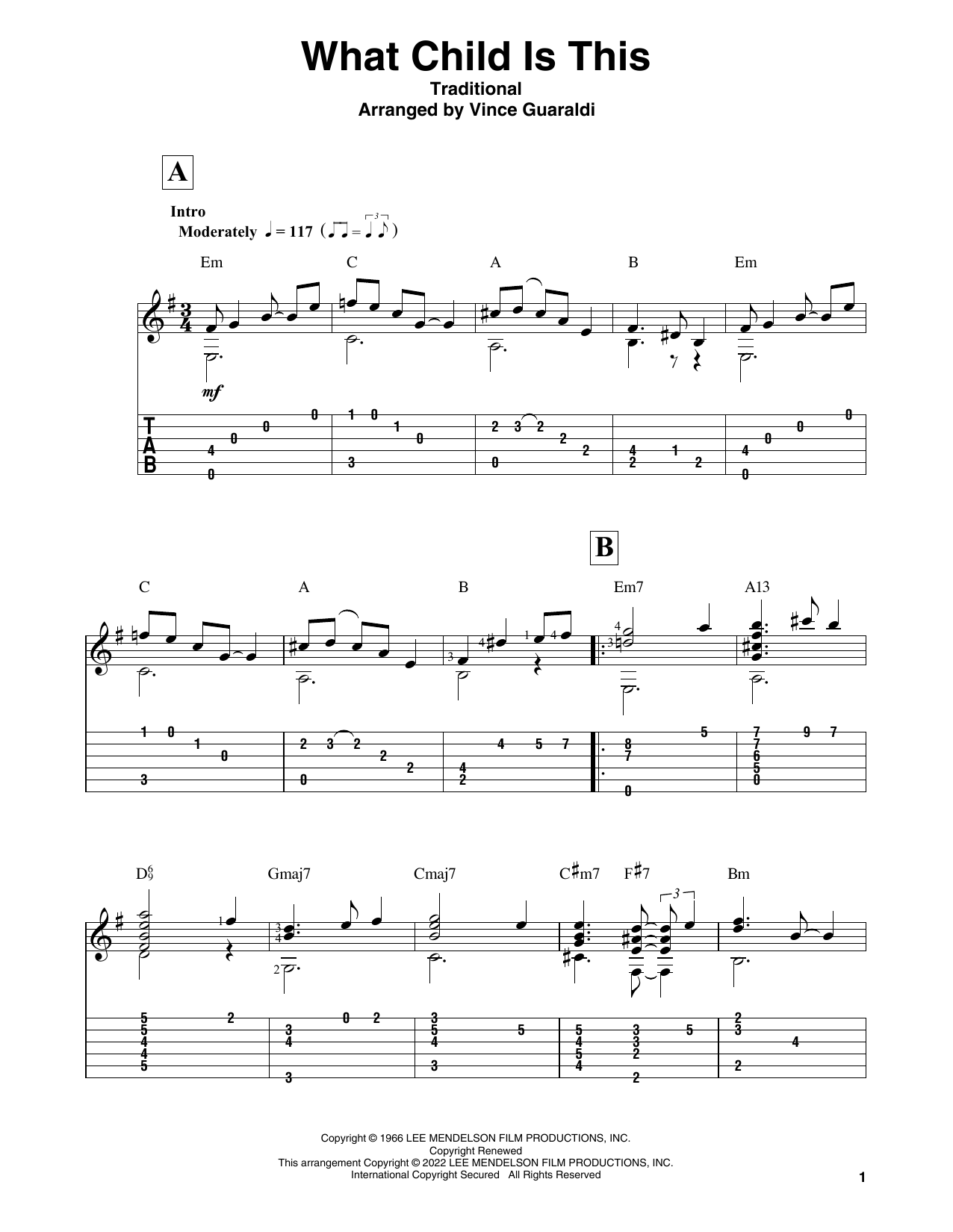 Vince Guaraldi What Child Is This (from A Charlie Brown Christmas) sheet music notes and chords arranged for Solo Guitar
