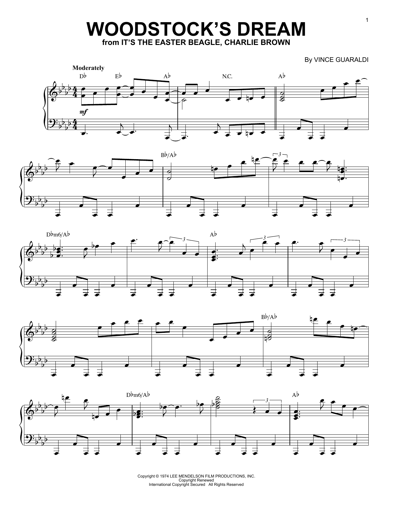 Vince Guaraldi Woodstock's Dream sheet music notes and chords arranged for Piano Solo