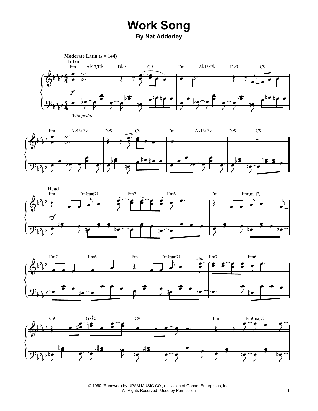 Vince Guaraldi Work Song sheet music notes and chords arranged for Piano Transcription