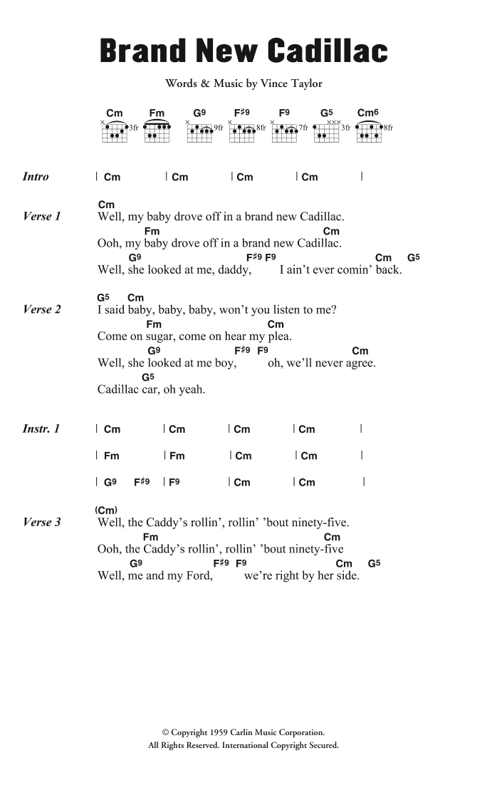 Vince Taylor & His Playboys Brand New Cadillac sheet music notes and chords arranged for Guitar Chords/Lyrics