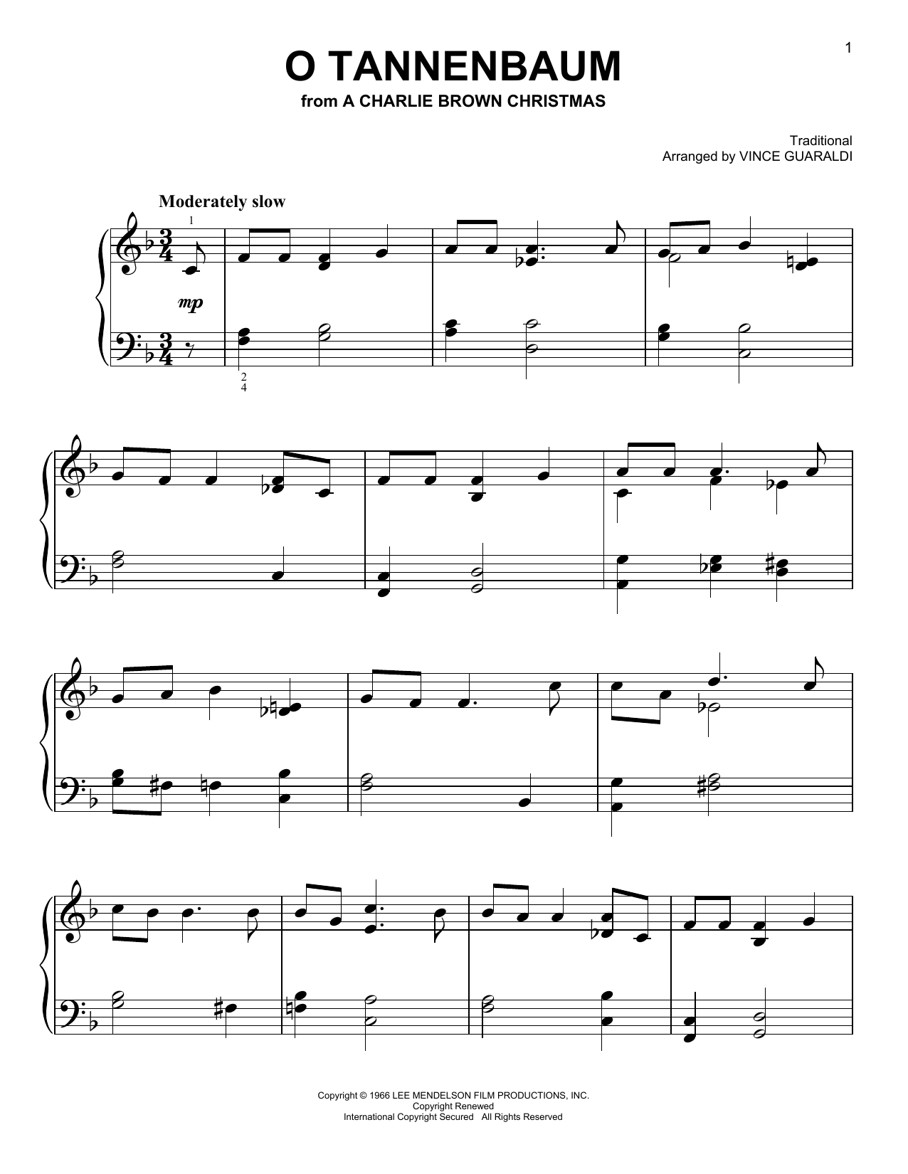 Vince Guaraldi Trio O Tannenbaum sheet music notes and chords arranged for Easy Piano