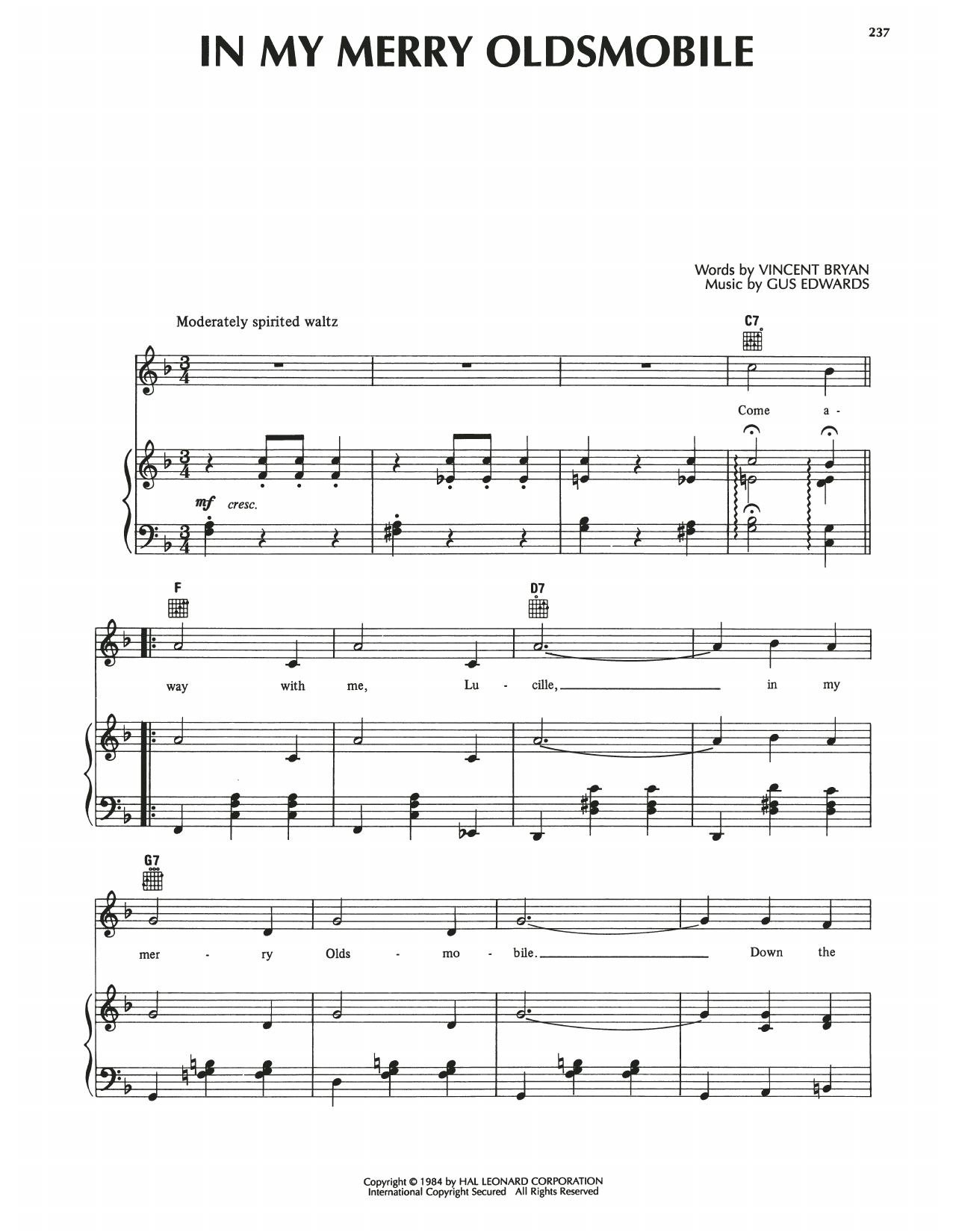 Vincent Bryan In My Merry Oldsmobile sheet music notes and chords arranged for Piano, Vocal & Guitar Chords (Right-Hand Melody)