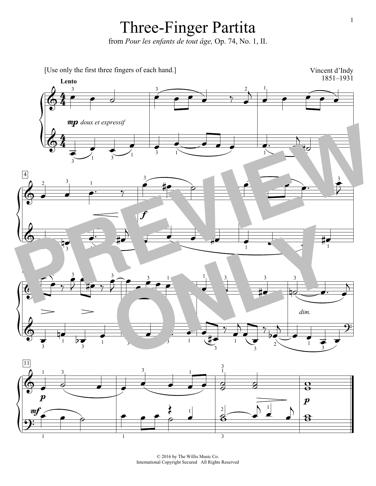 Vincent d'Indy Three-Finger Partita sheet music notes and chords arranged for Educational Piano