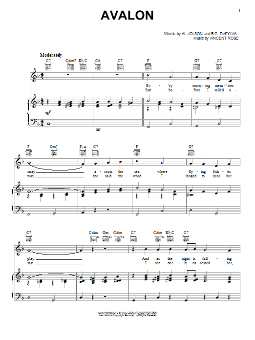 Vincent Rose Avalon sheet music notes and chords arranged for Piano, Vocal & Guitar Chords (Right-Hand Melody)