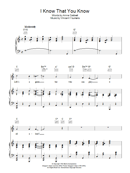 Vincent Youmans I Know That You Know sheet music notes and chords arranged for Piano, Vocal & Guitar Chords