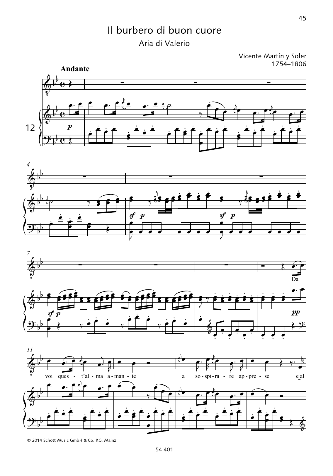 Vincente Martin Y Soler Da voi quest'alma amante sheet music notes and chords arranged for Piano & Vocal
