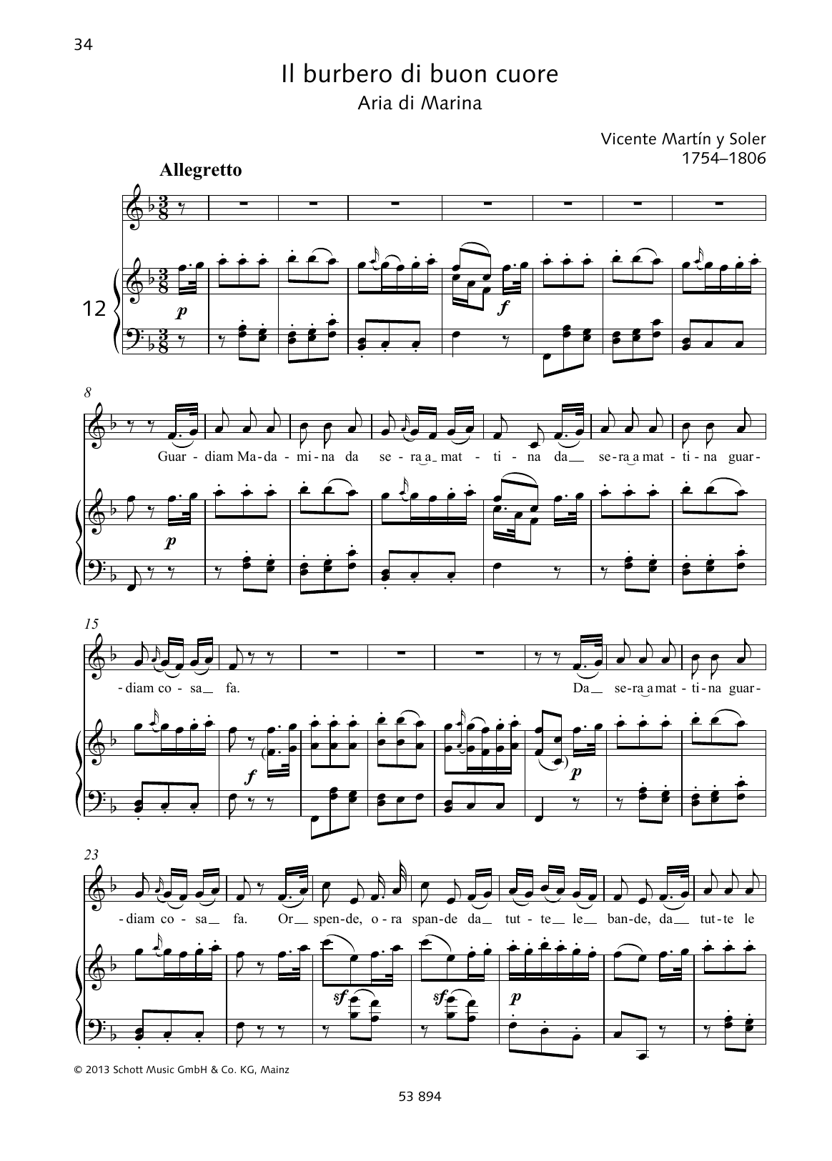 Vincente Martin Y Soler Guardiam Madamina sheet music notes and chords arranged for Piano & Vocal