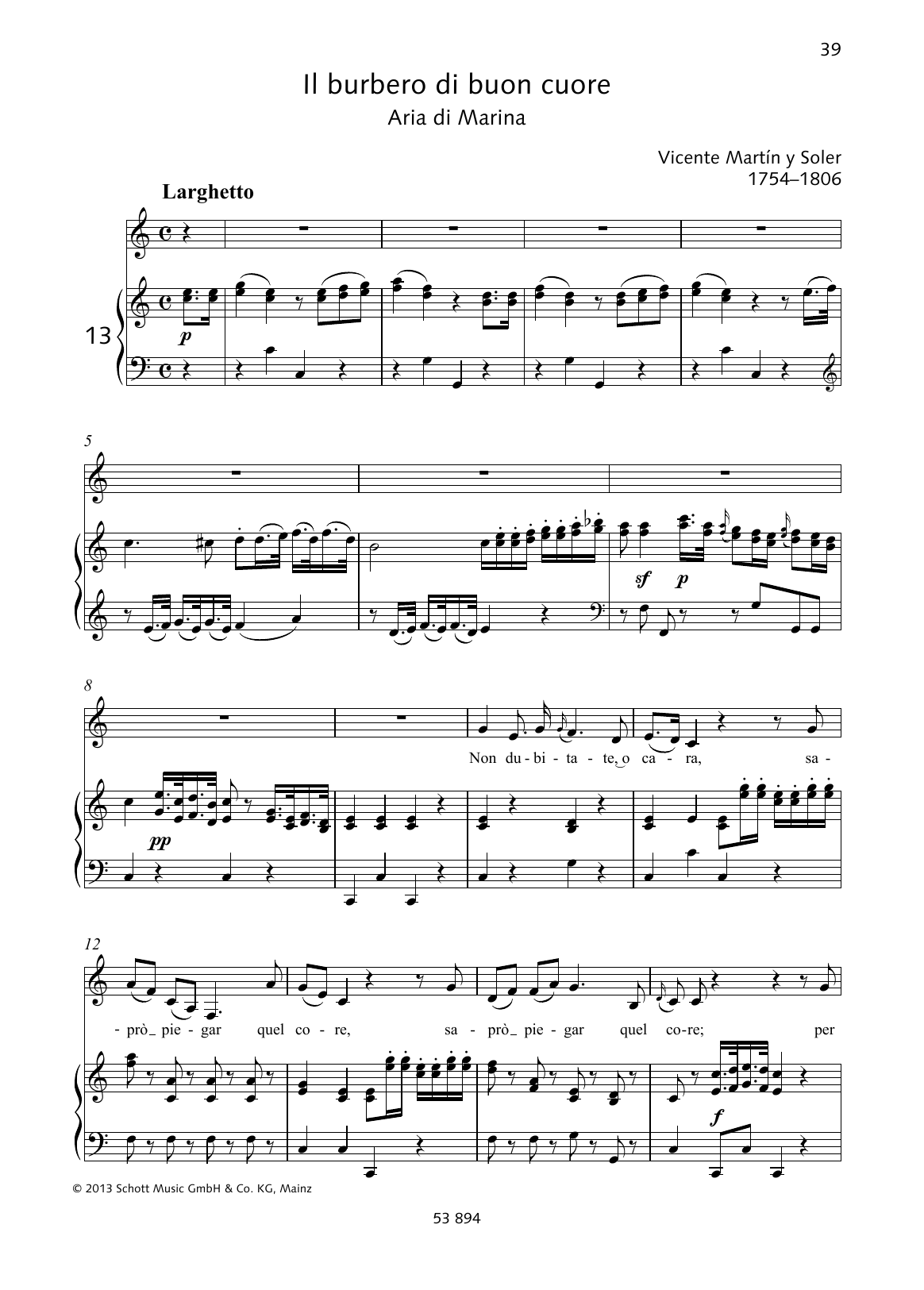 Vincente Martin Y Soler Non dubitate, o cara sheet music notes and chords arranged for Piano & Vocal