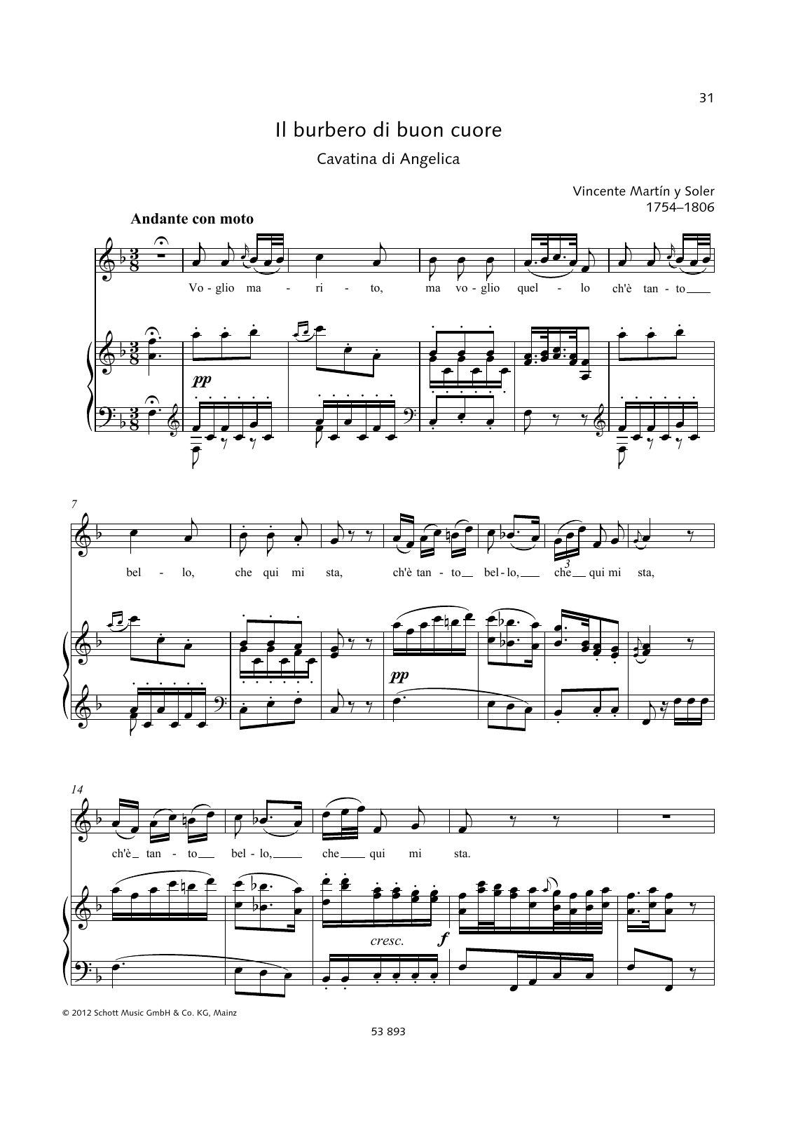 Vincente Martin Y Soler Voglio Marito sheet music notes and chords arranged for Piano & Vocal