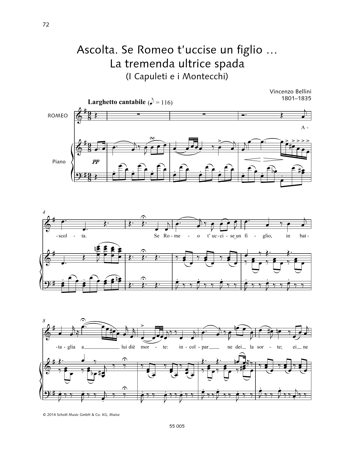 Vincenzo Bellini Ascolta. Se Romeo t'uccise un figlio... La tremenda ultrice spada sheet music notes and chords arranged for Piano & Vocal