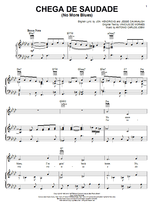 Vinicius de Moraes Chega De Saudade (No More Blues) sheet music notes and chords arranged for Piano, Vocal & Guitar Chords (Right-Hand Melody)