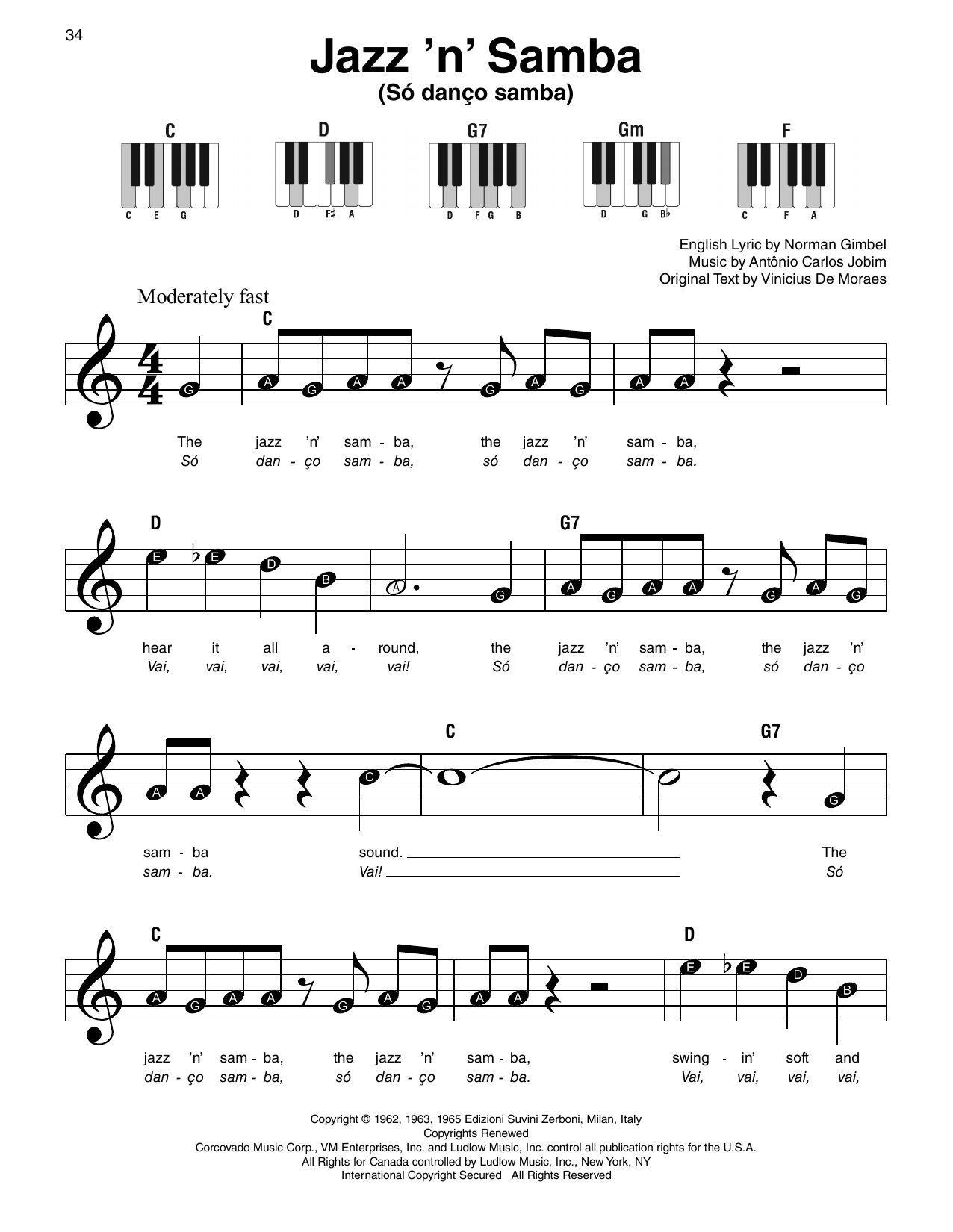 Vinícius De Moraes Jazz 'N' Samba (Só Danço Samba) sheet music notes and chords arranged for Super Easy Piano