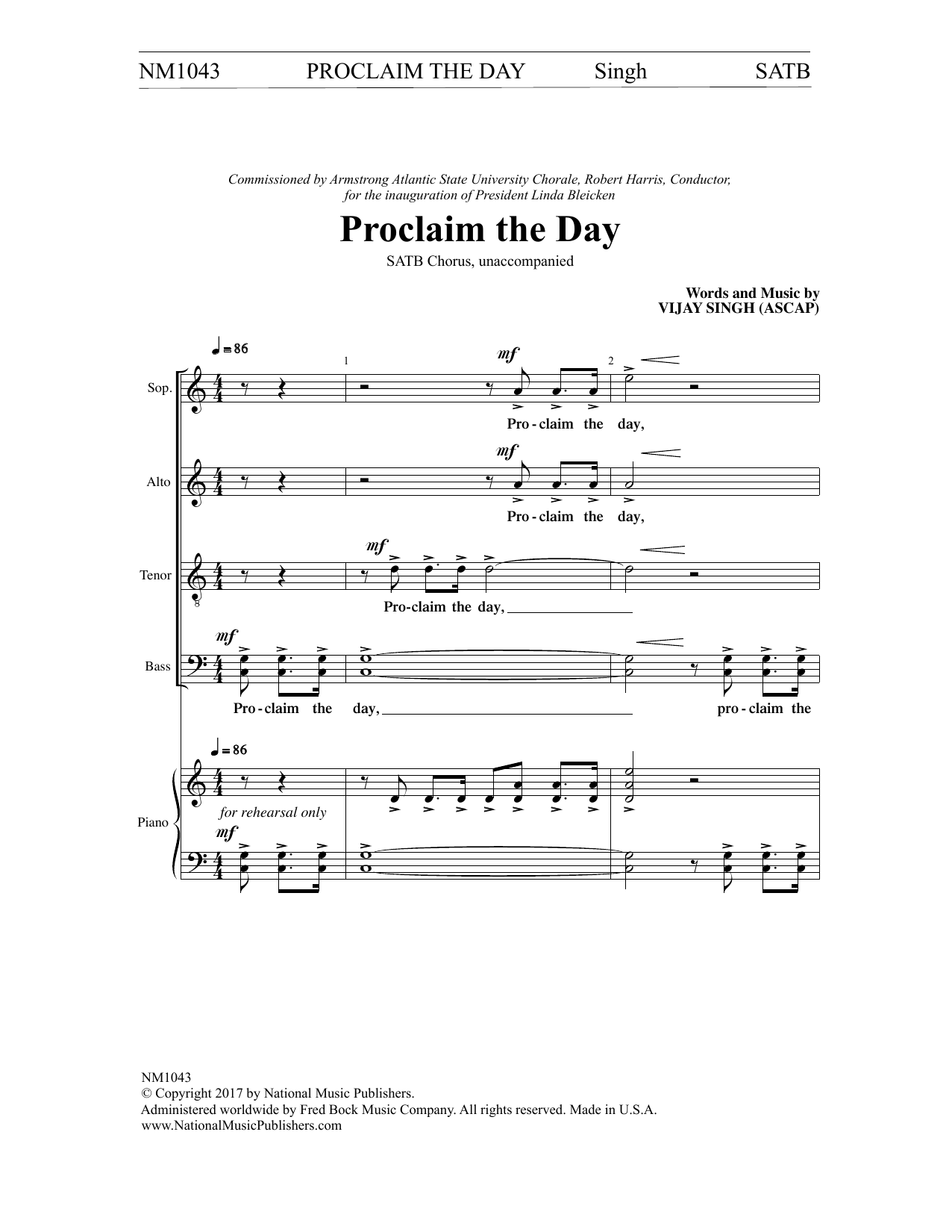 Vinjay Singh Proclaim the Day sheet music notes and chords arranged for SATB Choir