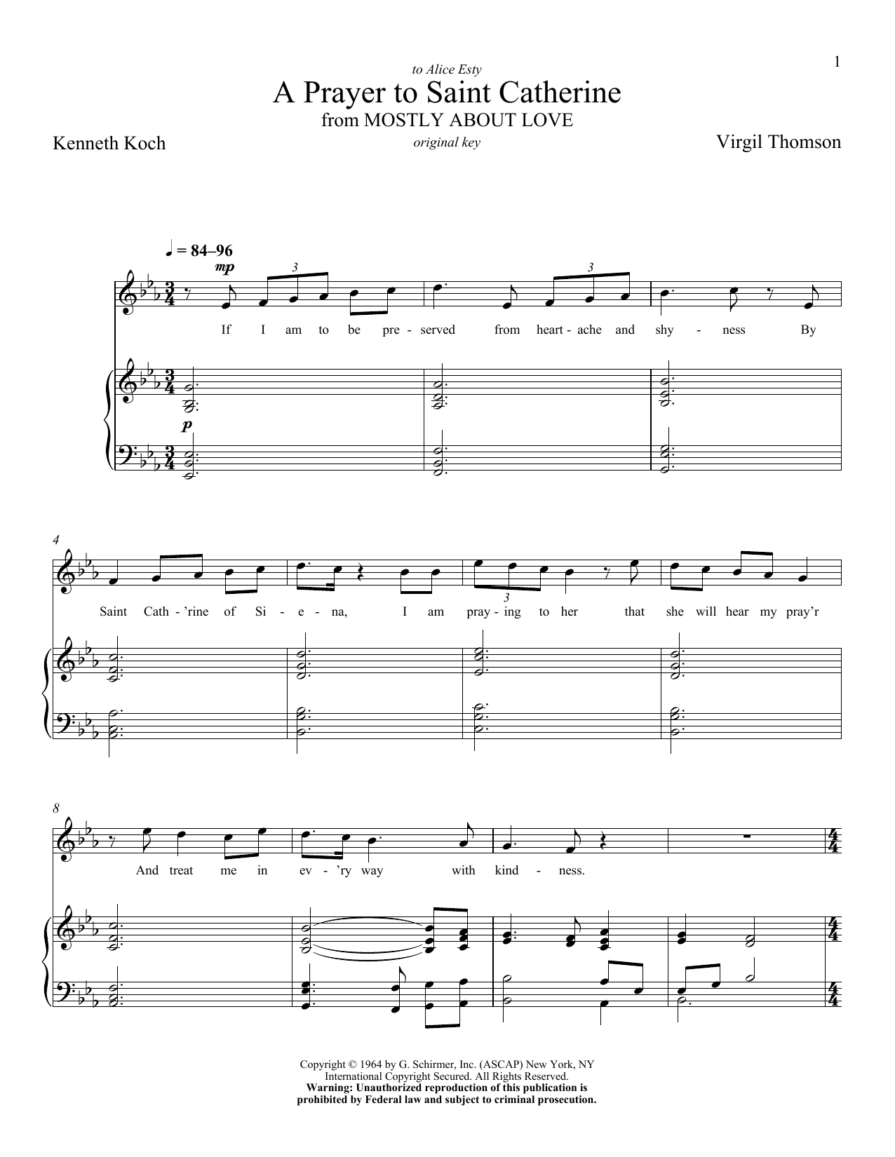 Virgil Thomson A Prayer To Saint Catherine sheet music notes and chords arranged for Piano & Vocal