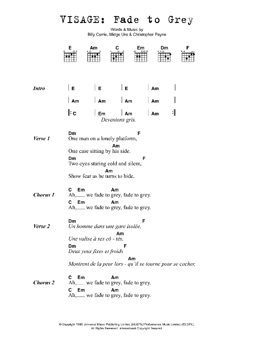 Visage Fade To Grey sheet music notes and chords arranged for Guitar Chords/Lyrics