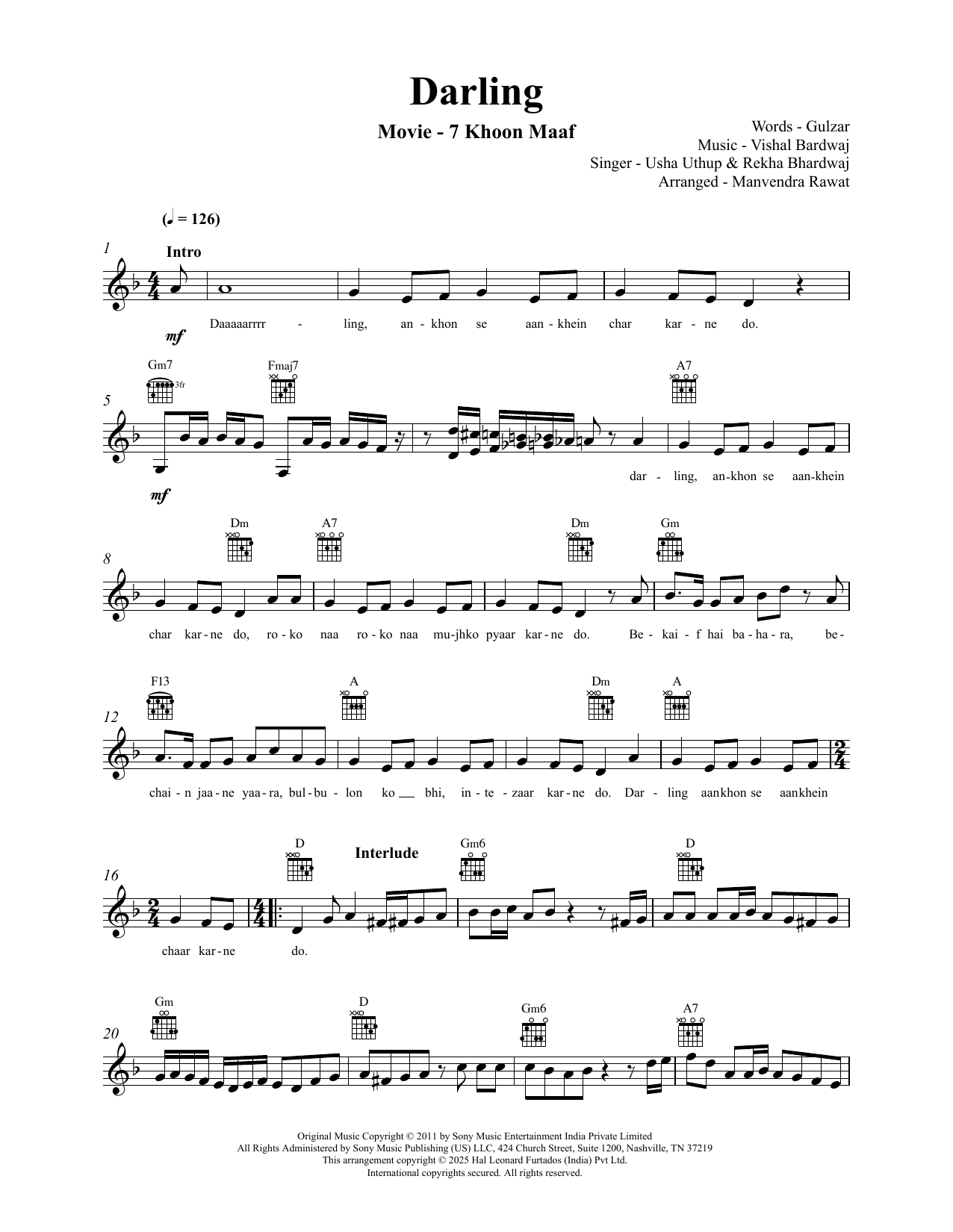 Vishal Bardwaj Darling (from 7 Khoon Maaf) sheet music notes and chords arranged for Lead Sheet / Fake Book