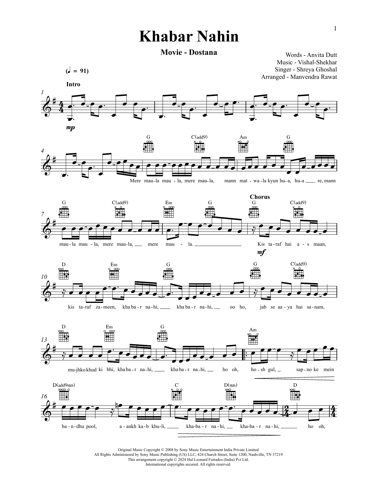 Vishal Dadlani and Shekhar Ravjiani Khabar Nahin (from Dostana) sheet music notes and chords arranged for Lead Sheet / Fake Book