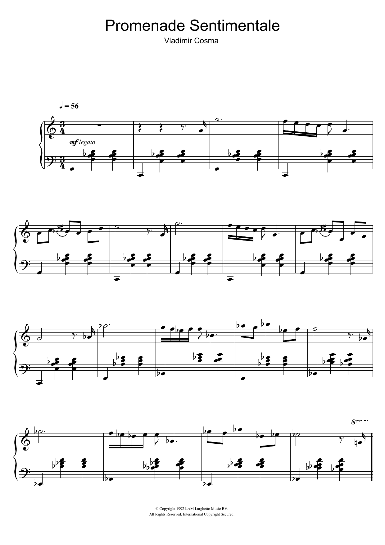 Vladimir Cosma Promenade Sentimentale sheet music notes and chords arranged for Piano Solo