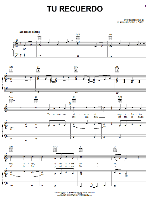 Vladimir Dotel Lopez Tu Recuerdo sheet music notes and chords arranged for Piano, Vocal & Guitar Chords (Right-Hand Melody)