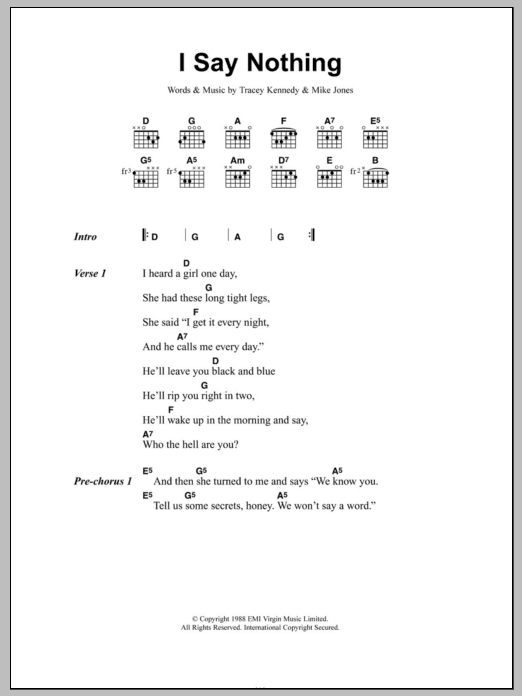 Voice Of The Beehive I Say Nothing sheet music notes and chords arranged for Guitar Chords/Lyrics