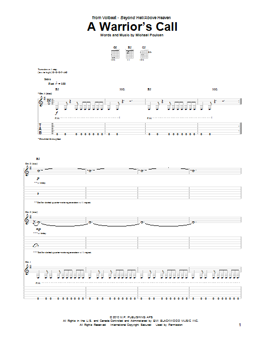 Volbeat A Warrior's Call sheet music notes and chords arranged for Guitar Tab