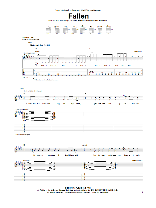 Volbeat Fallen sheet music notes and chords arranged for Guitar Tab