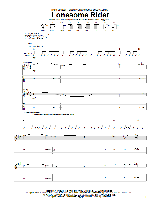 Volbeat Lonesome Rider sheet music notes and chords arranged for Guitar Tab