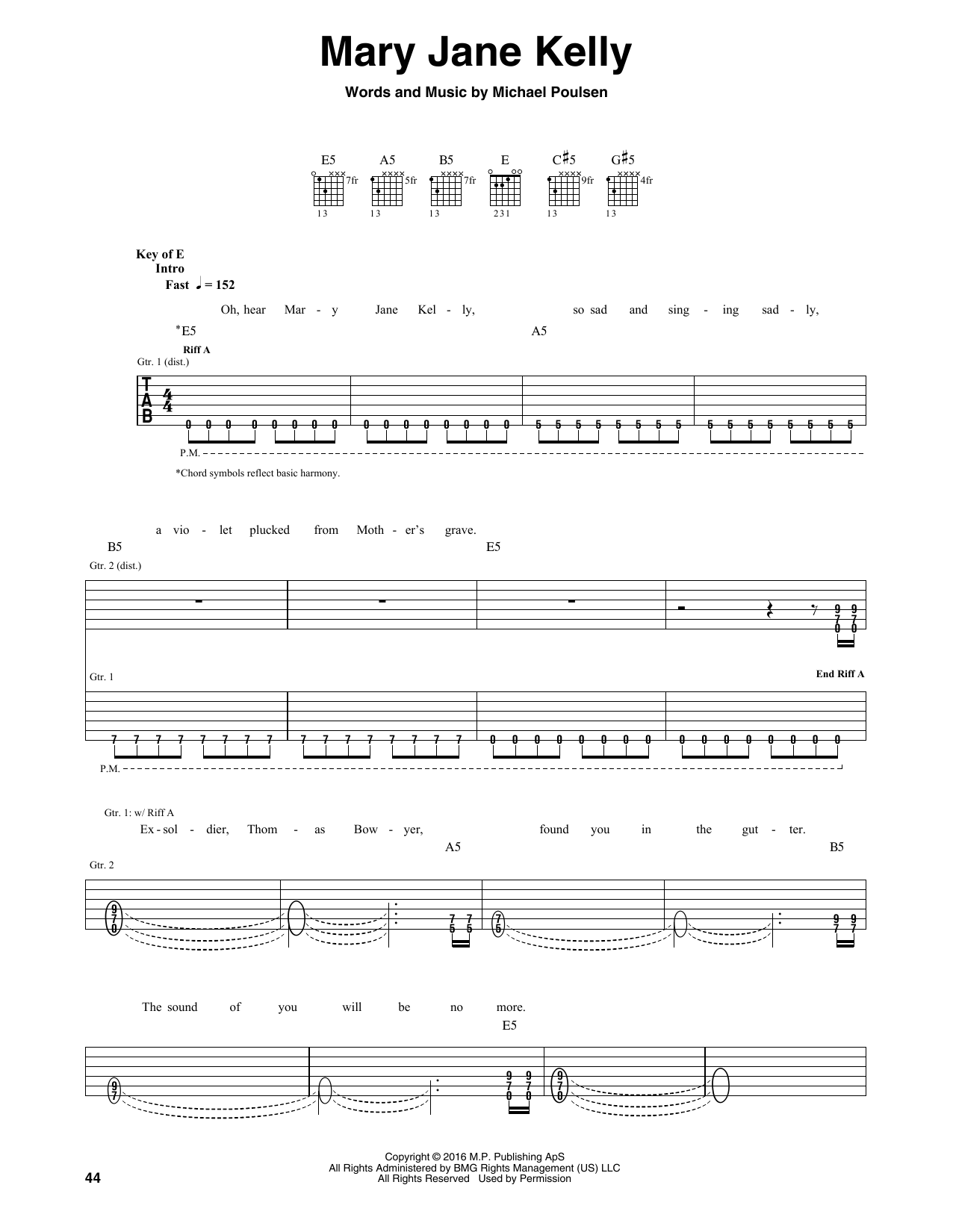 Volbeat Mary Jane Kelly sheet music notes and chords arranged for Guitar Rhythm Tab
