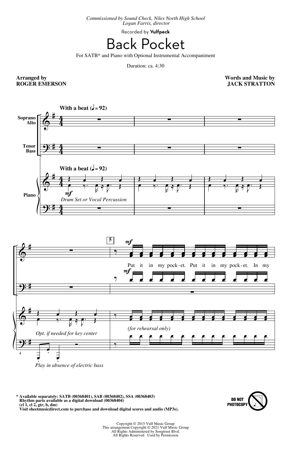 Vulfpeck Back Pocket (arr. Roger Emerson) sheet music notes and chords arranged for SSA Choir