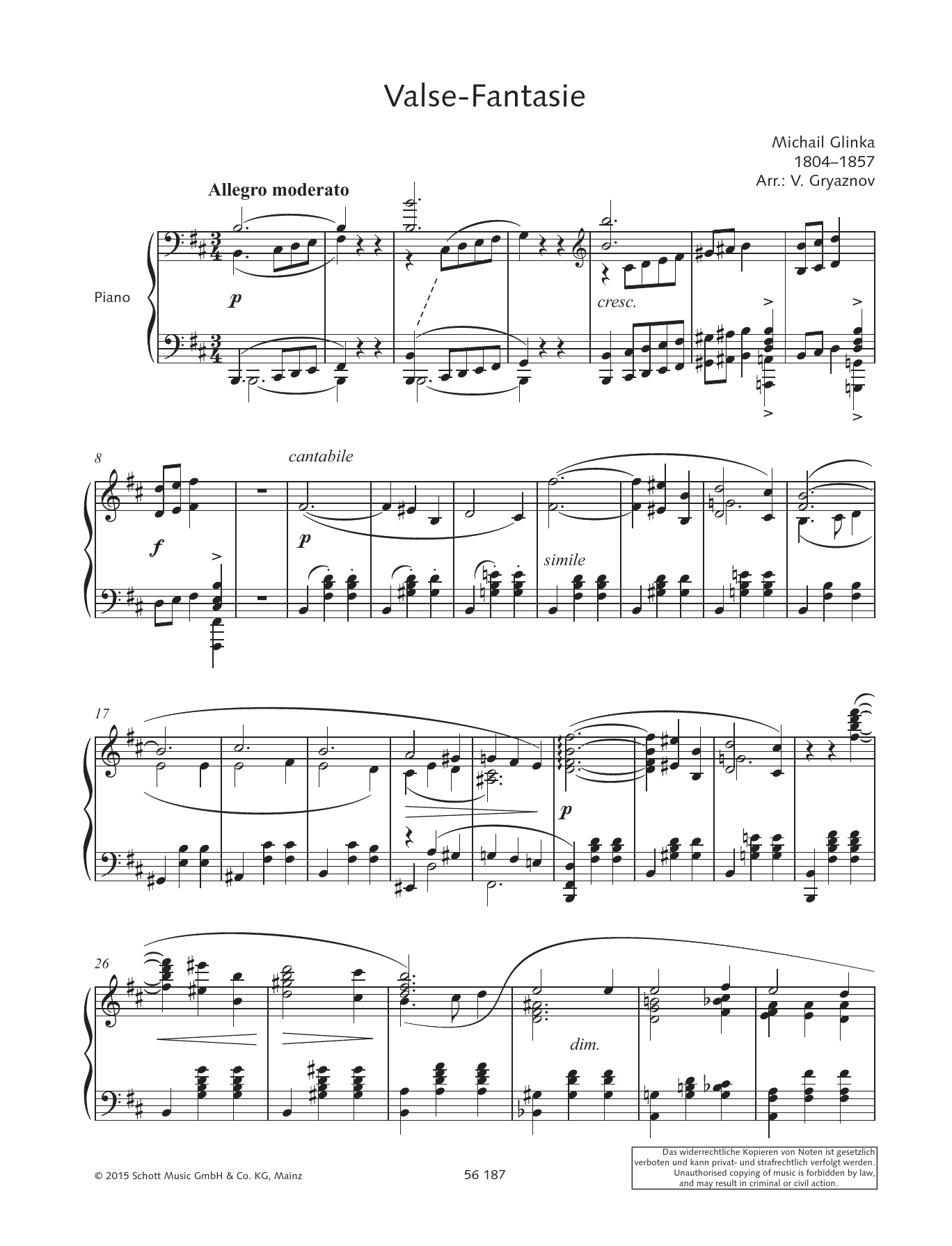 Vyacheslav Gryaznov Valse-Fantasie sheet music notes and chords arranged for Piano Solo