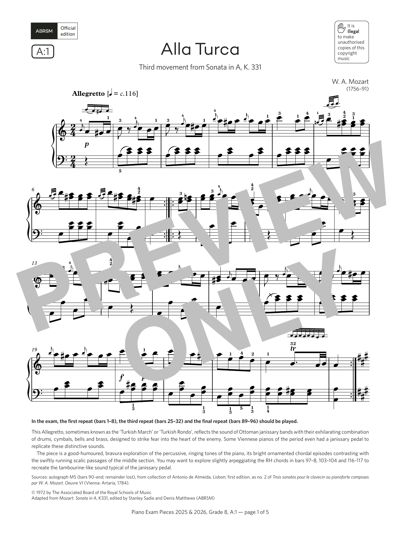 W. A. Mozart Alla Turca (Grade 8, list A1, from the ABRSM Piano Syllabus 2025 & 2026) sheet music notes and chords arranged for Piano Solo