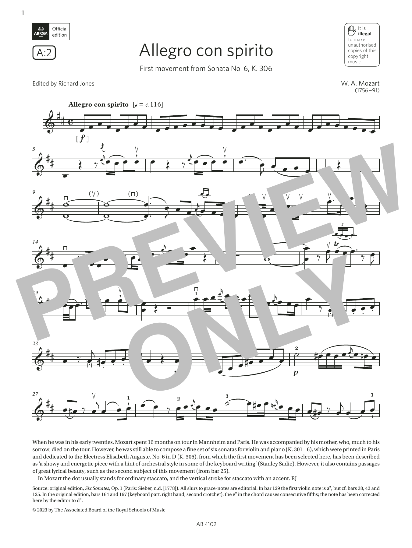W. A. Mozart Allegro con spirito (Grade 8, A2, from the ABRSM Violin Syllabus from 2024) sheet music notes and chords arranged for Violin Solo
