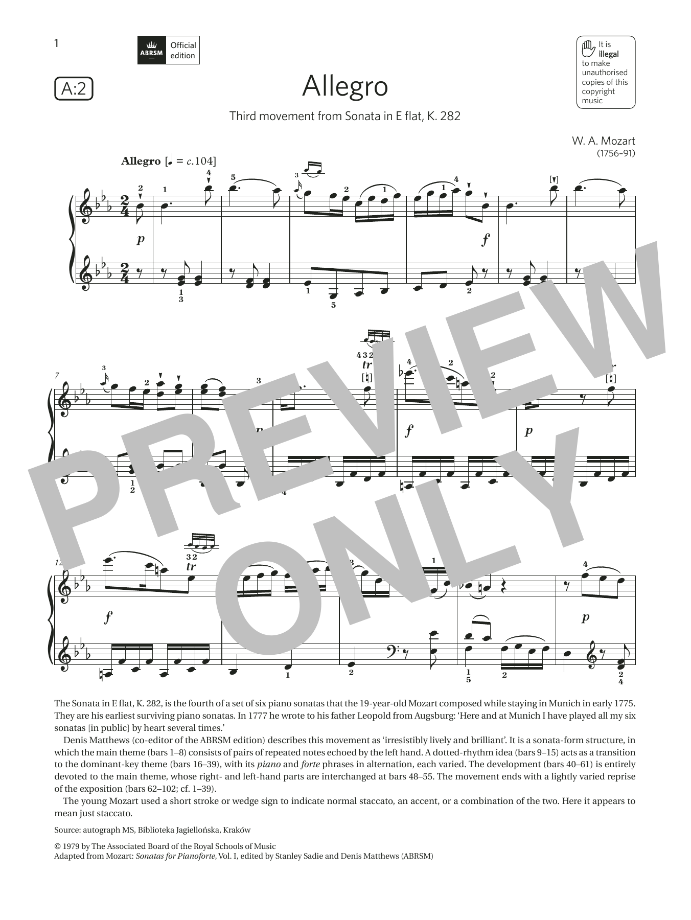 W. A. Mozart Allegro (Grade 6, list A2, from the ABRSM Piano Syllabus 2021 & 2022) sheet music notes and chords arranged for Piano Solo