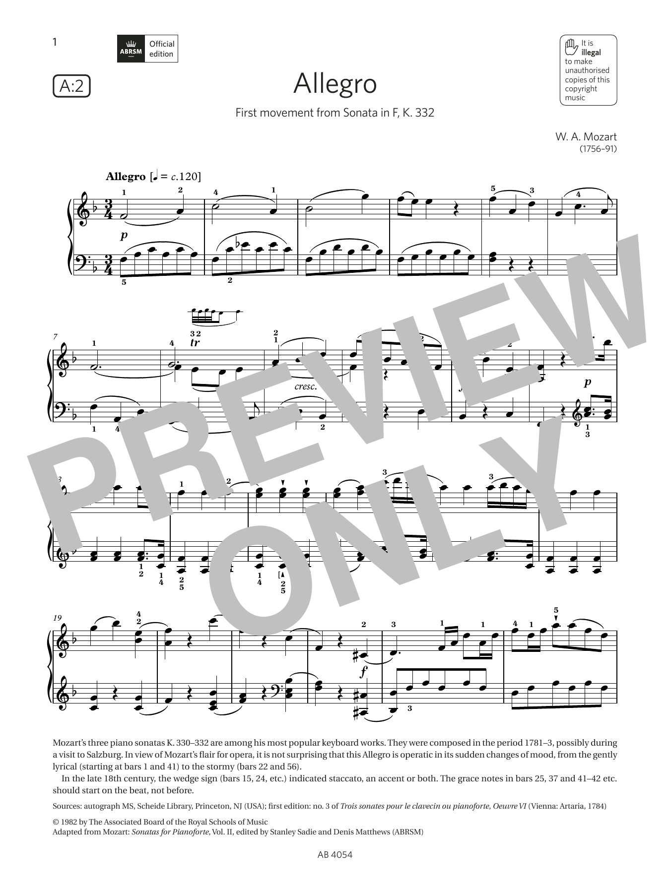 W A Mozart Allegro (Grade 8, list A2, from the ABRSM Piano Syllabus 2023 & 2024) sheet music notes and chords arranged for Piano Solo
