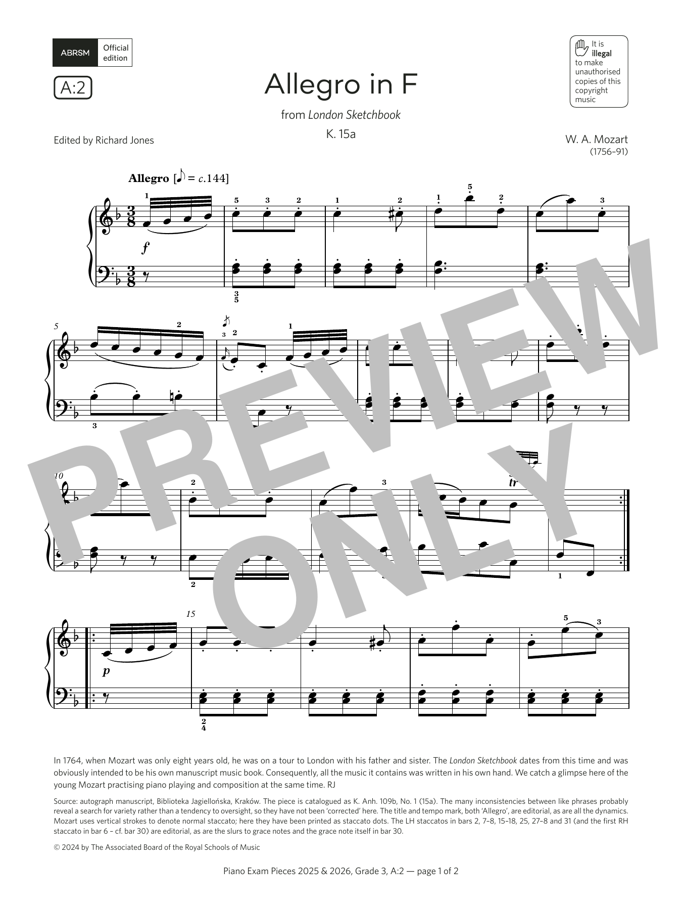 W. A. Mozart Allegro in F (Grade 3, list A2, from the ABRSM Piano Syllabus 2025 & 2026) sheet music notes and chords arranged for Piano Solo