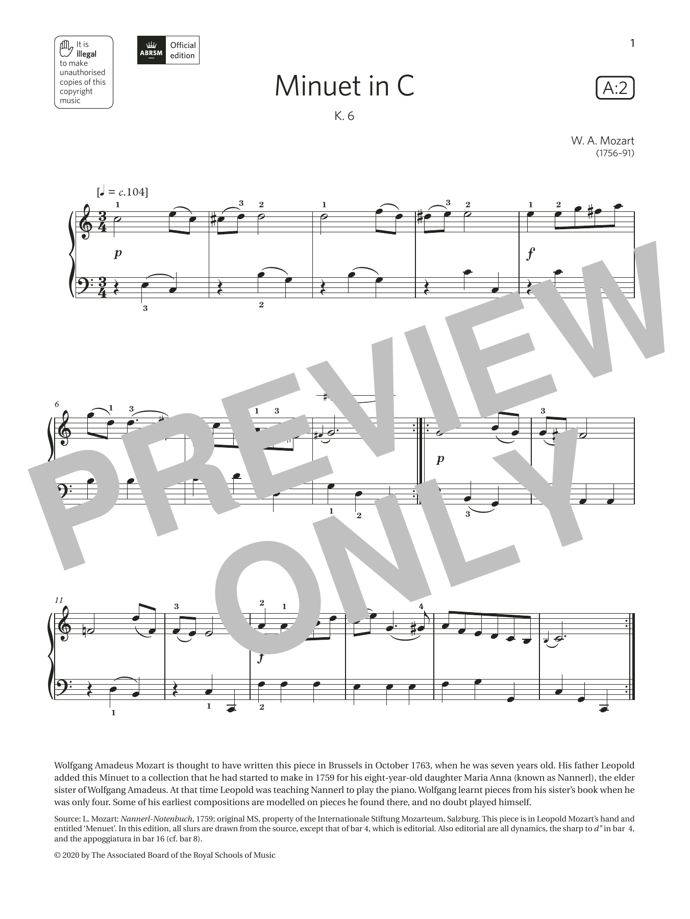W. A. Mozart Minuet in C (Grade 1, list A2, from the ABRSM Piano Syllabus 2021 & 2022) sheet music notes and chords arranged for Piano Solo
