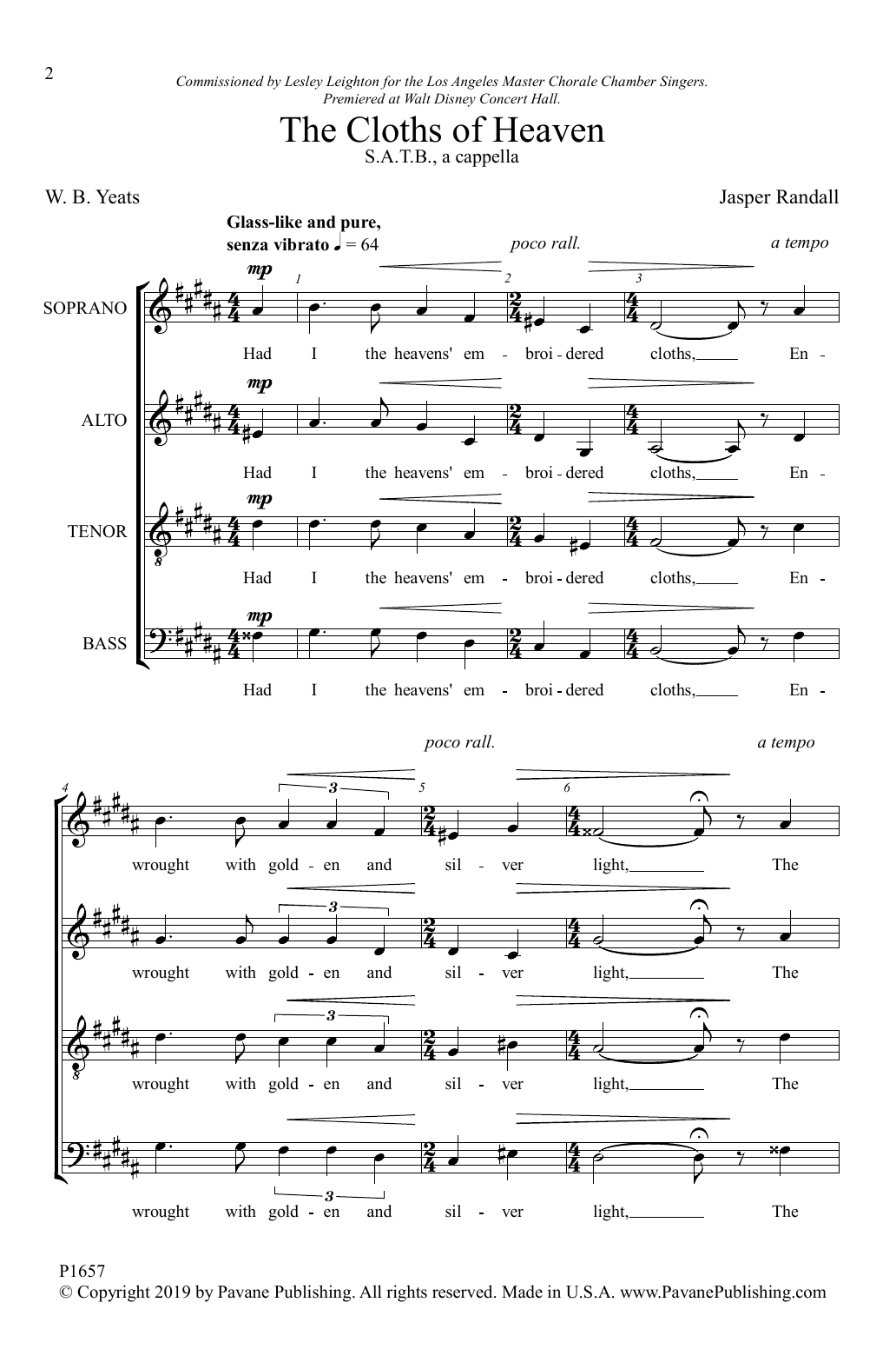 W. B. Yeats and Jasper Randall The Cloths of Heaven sheet music notes and chords arranged for SATB Choir