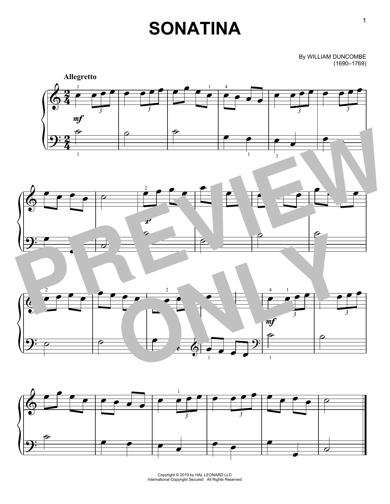 W. Duncombe Sonatina sheet music notes and chords arranged for Easy Piano