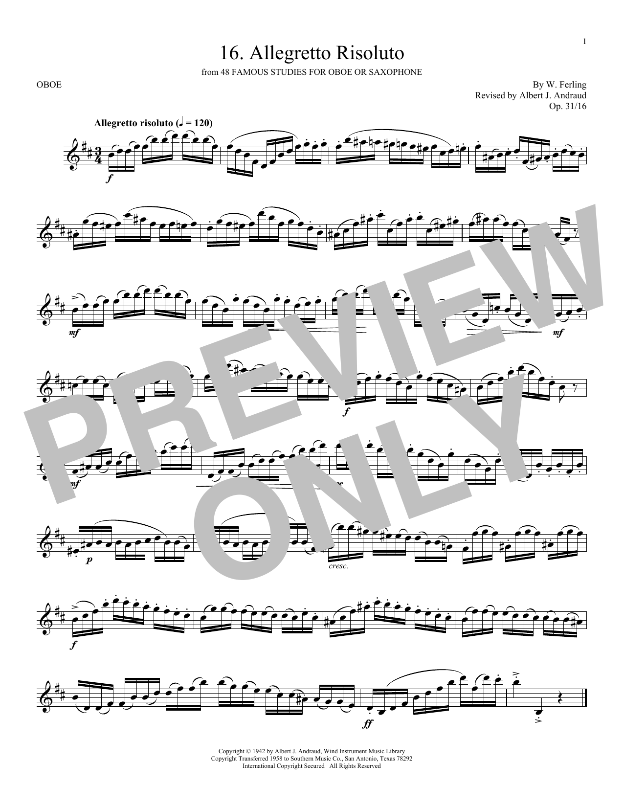 W. Ferling Etude No. 16 sheet music notes and chords arranged for Oboe Solo
